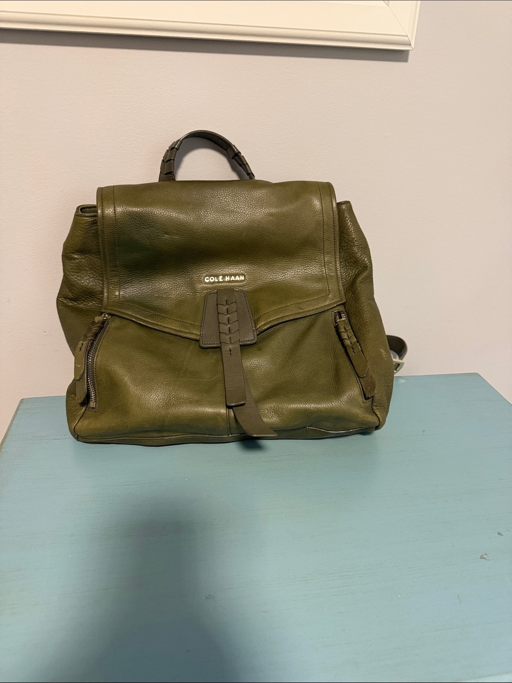 Cole Haan Olive Leather Braided-Accent Backpack